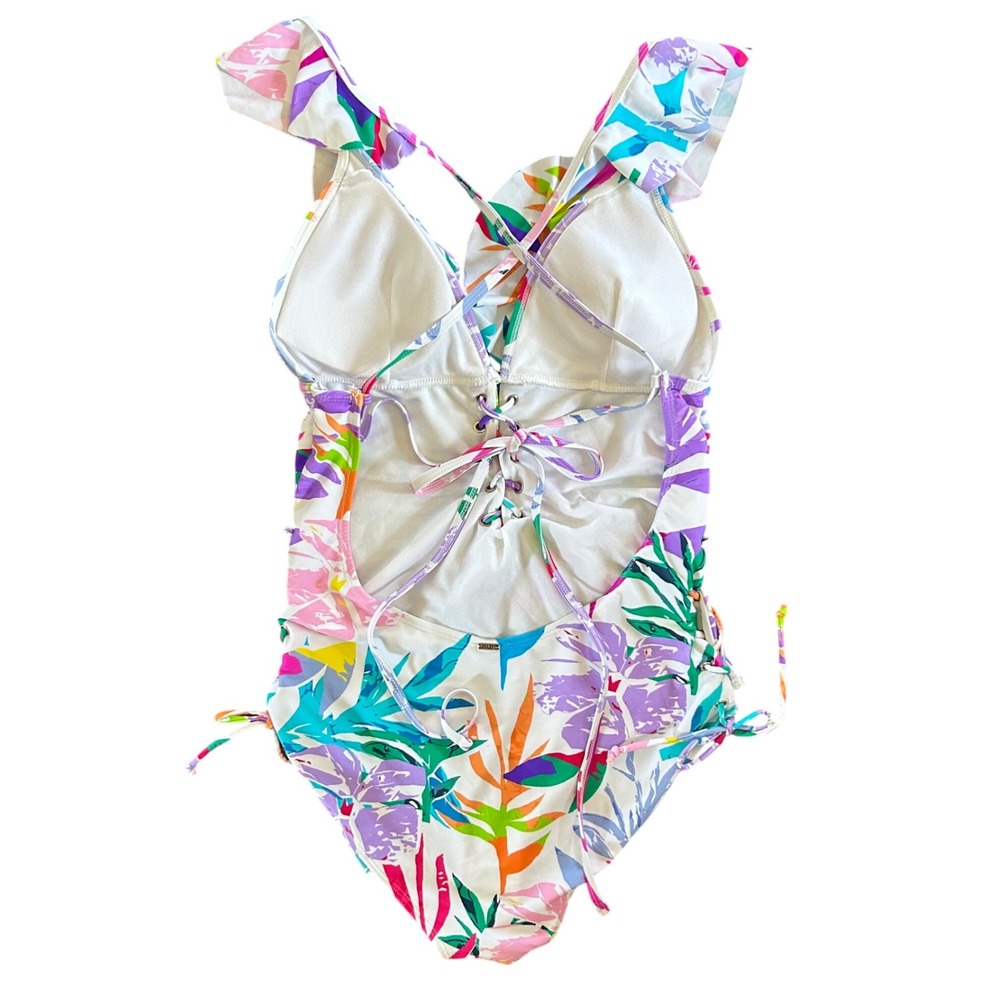 XOXO White and Colorful Tropical‎ Print Tie One Piece Ruffle Swimsuit Women's 1X - Picture 4 of 8